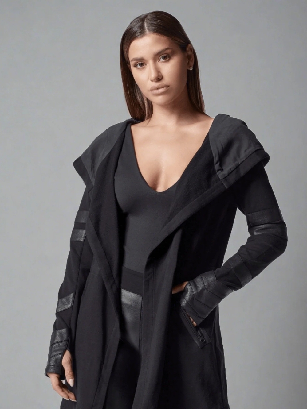 Blanc Noir - Maitri Stretch Wrap Traveler Jacket W/ Vegan Leather Black/Black M